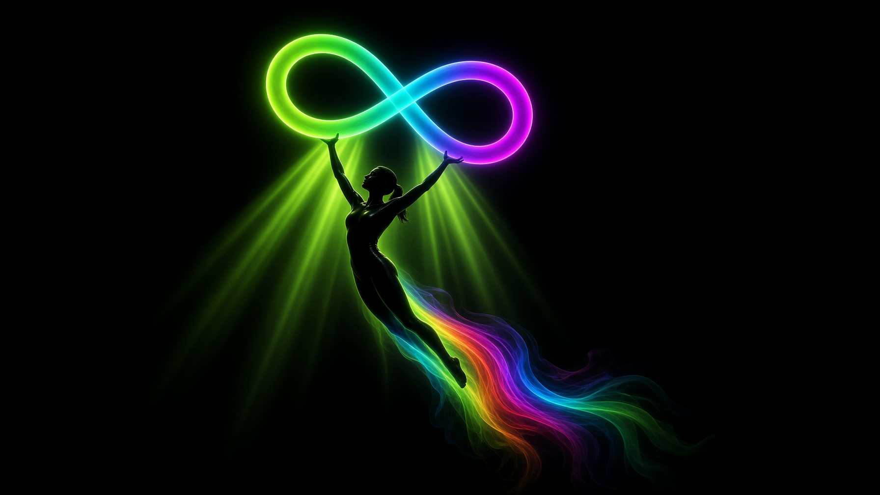 Figure leaping toward a neon infinity, rainbow trail as residue of motion