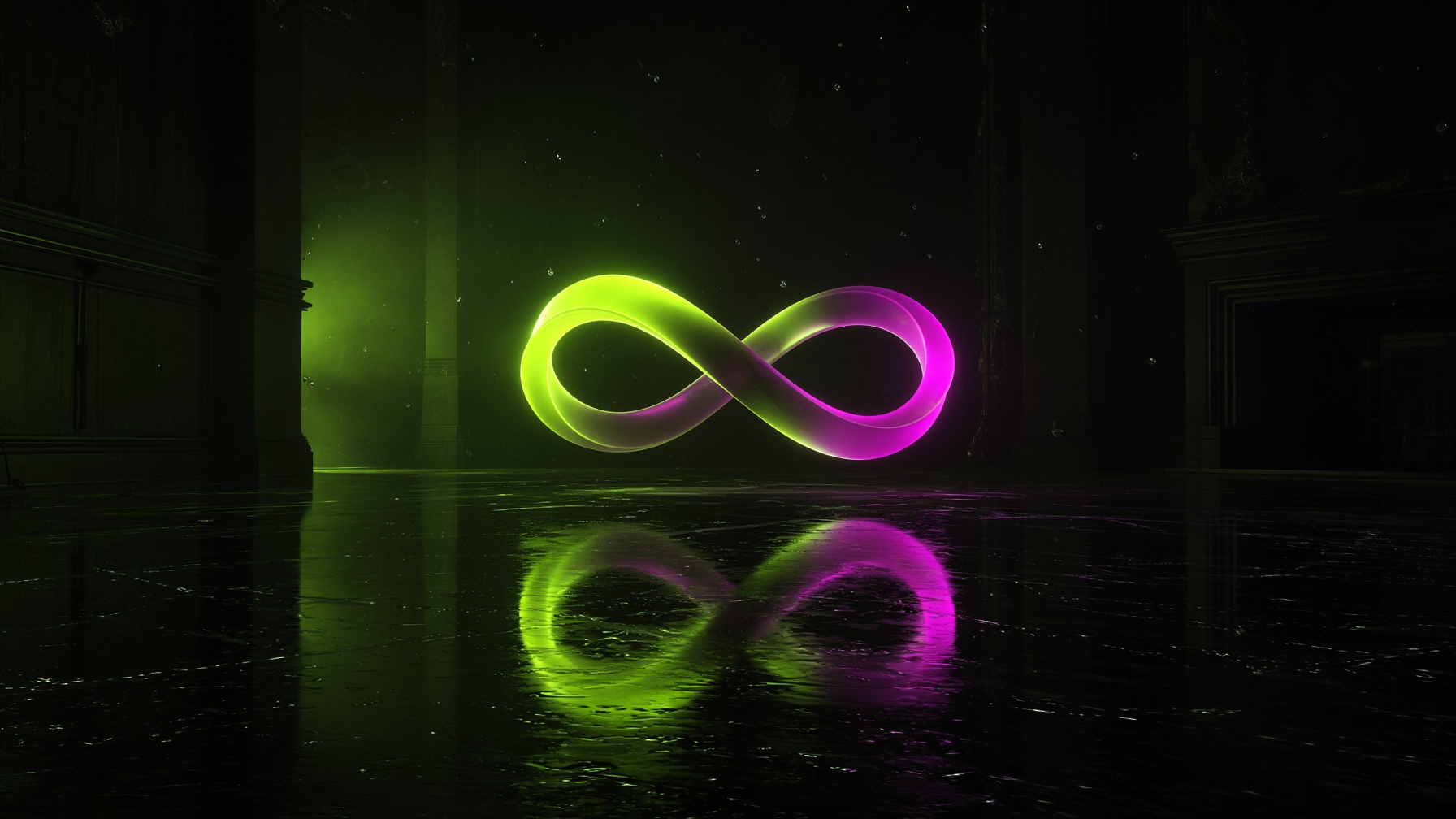 A neon infinity glowing in a dark room like a trading screen at night