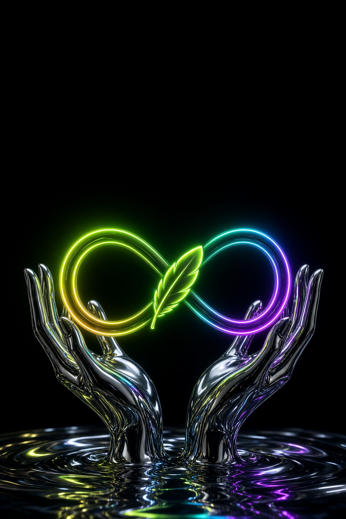 Chrome sculptural hands rising from liquid metal, cupping a neon infinity mark