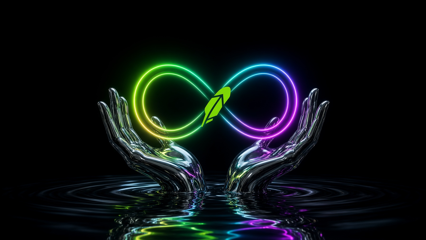 Chrome hands rising from a liquid-metal pool, holding a neon infinity