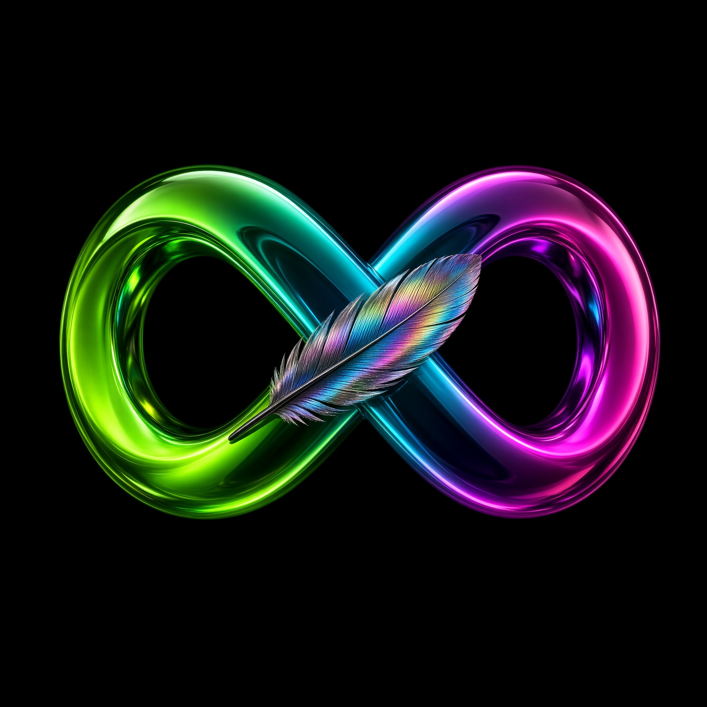 Three-dimensional neon infinity with a feather slash on black