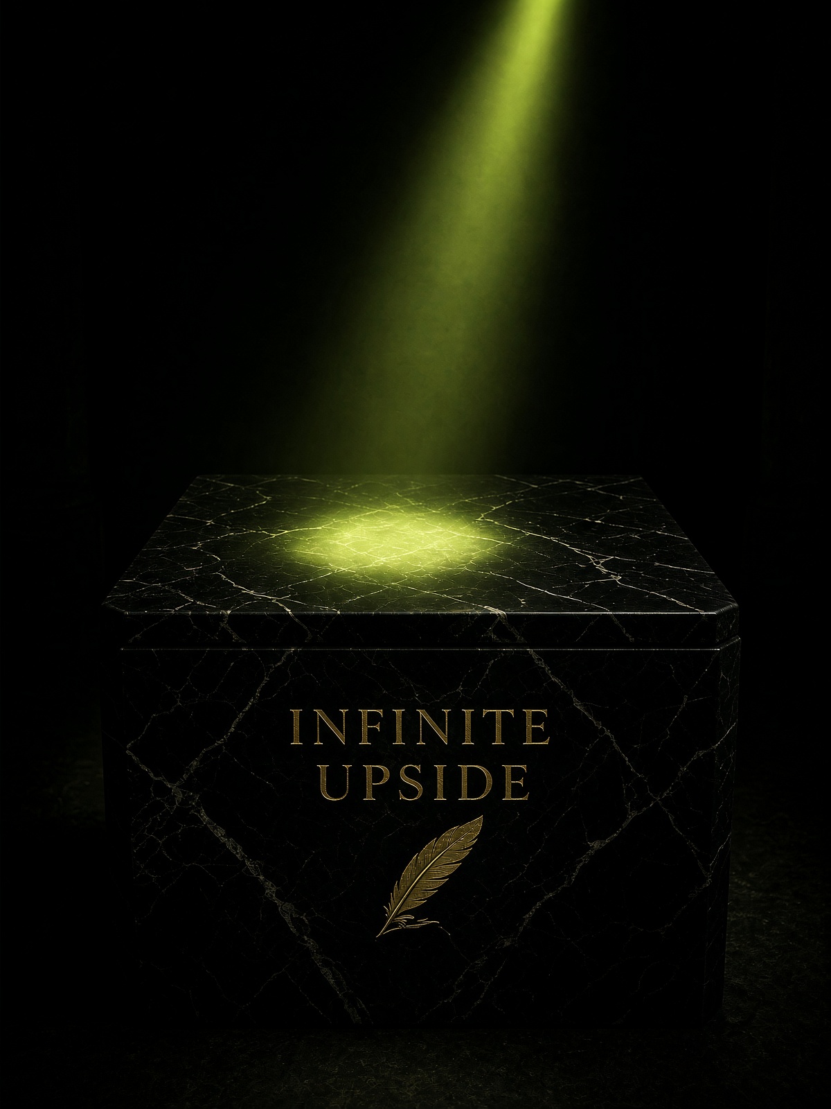 Empty black marble pedestal waiting for the mark, inscribed Infinite Upside