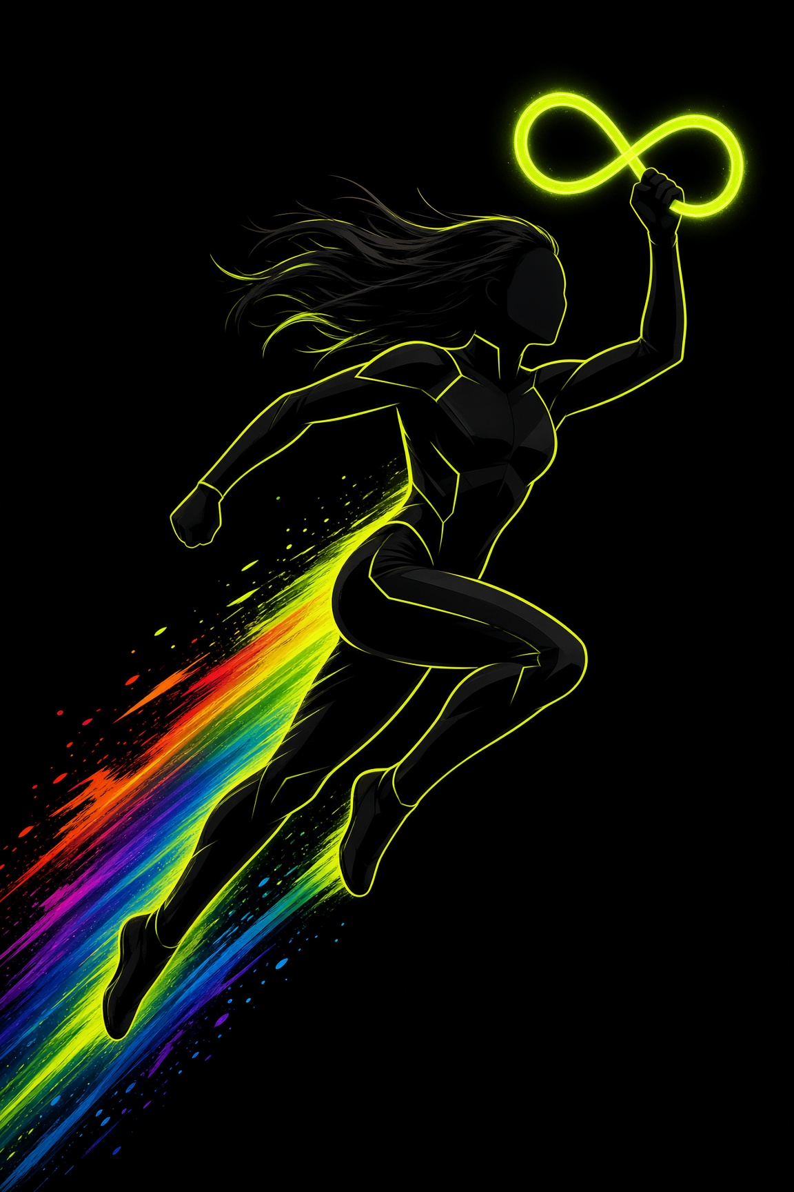 Faceless figure in black sprinting with a lime infinity and a rainbow trail