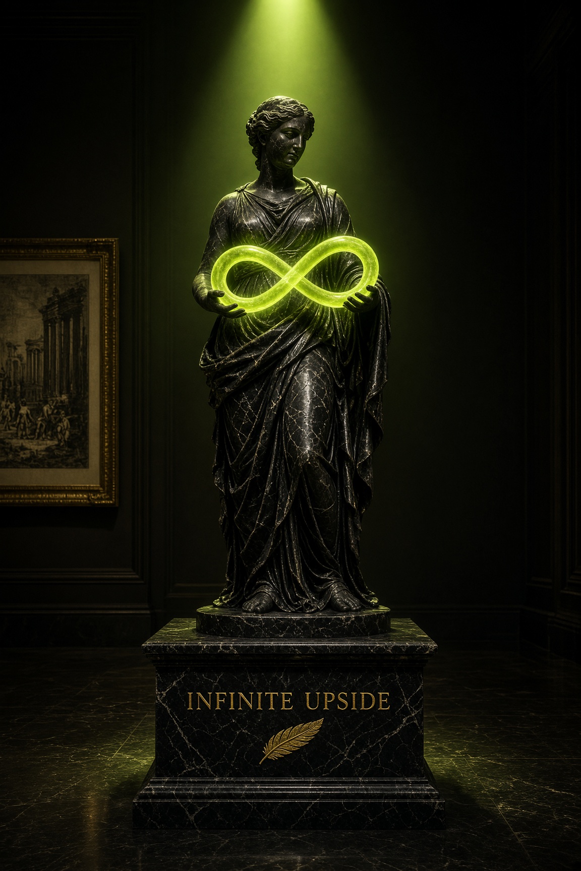 Black marble statue holding a lime infinity loop in a darkened museum